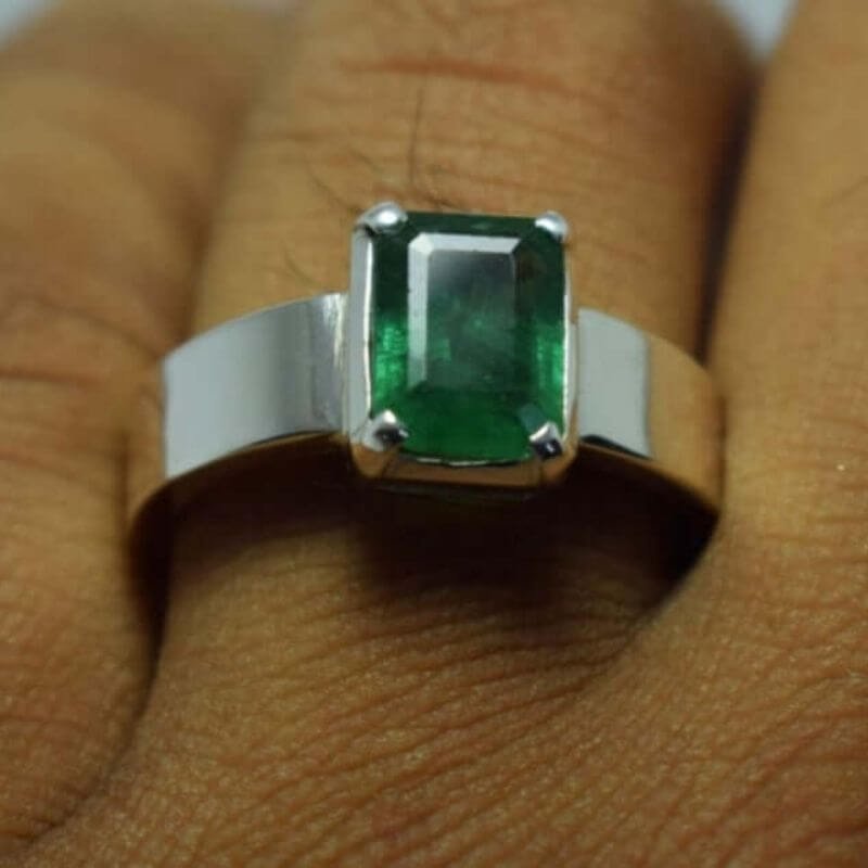 Emerald Ring - Three Stone 1.36 ctw Emerald Ring with Baguette Diamonds in  14k white gold (E-5817)