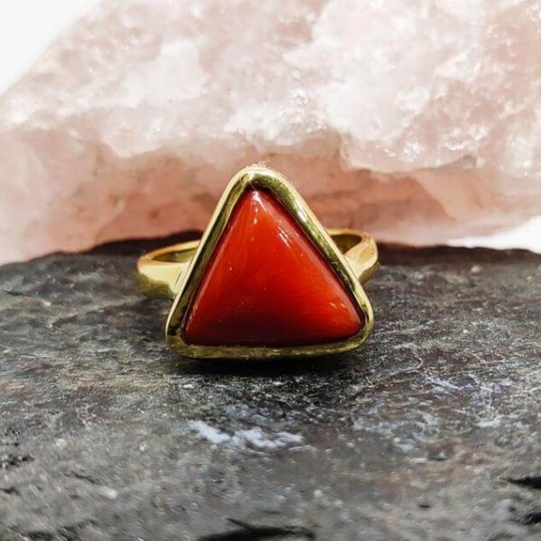 Natural Certified Triangle Red Coral (Moonga) Handmade Ring
