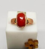 Natural red coral cylindrical shape (moonga) gemstone copper ring