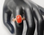 Natural red coral cylindrical shape (moonga) gemstone copper ring