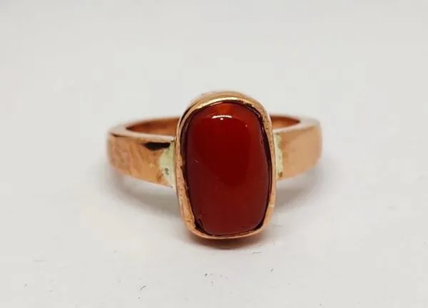 Natural red coral cylindrical shape (moonga) gemstone copper ring