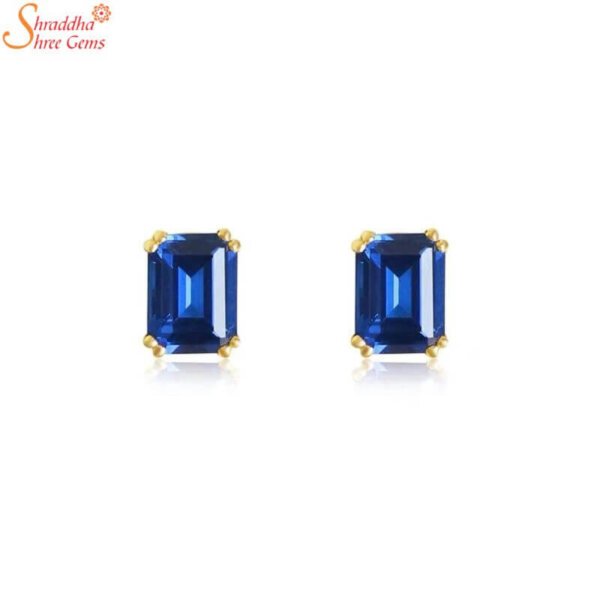 emerald shape blue sapphire gemstone studs