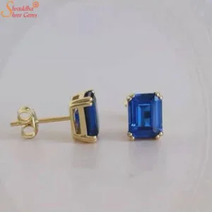 emerald shape blue sapphire gemstone studs