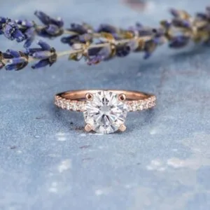 round cut moissanite diamond rose gold ring