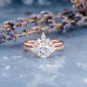 unique round cut moissanite engagement ring set