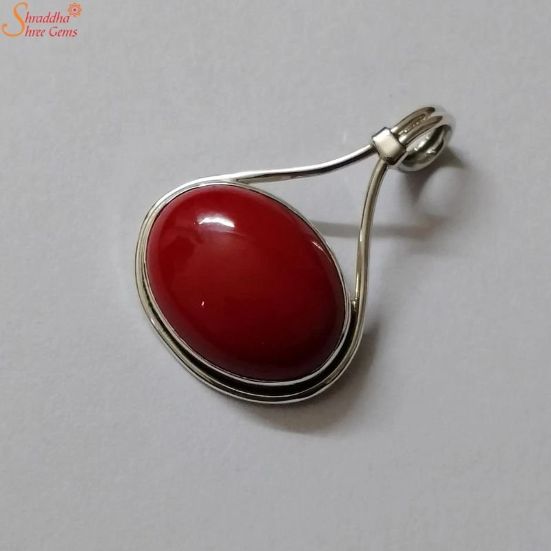 Natural Oval Coral Silver Pendant, Munga Necklace