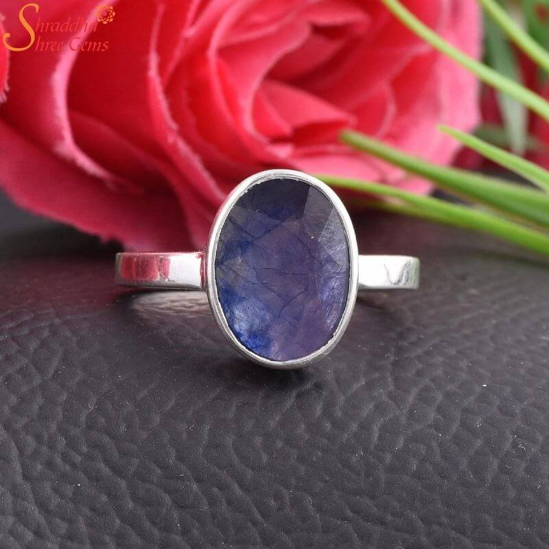 Oval Blue Sapphire Sterling Silver Ring, Neelam Gemstone Ring