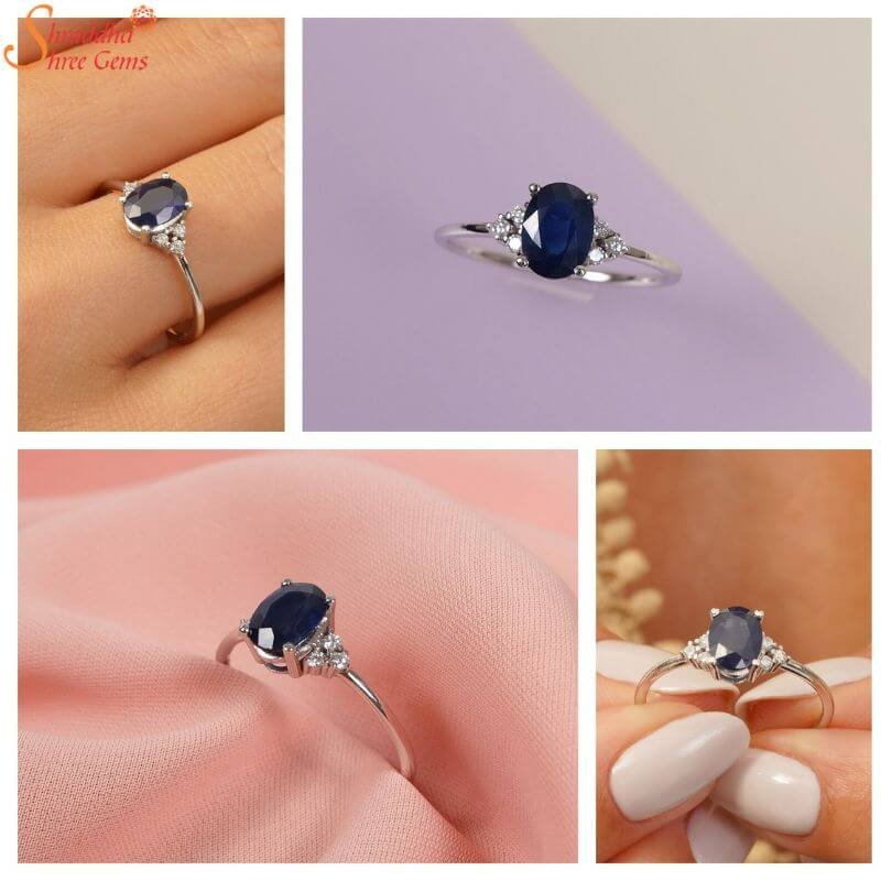 Oval 3-Stone Engagement Ring with Blue Sapphire
