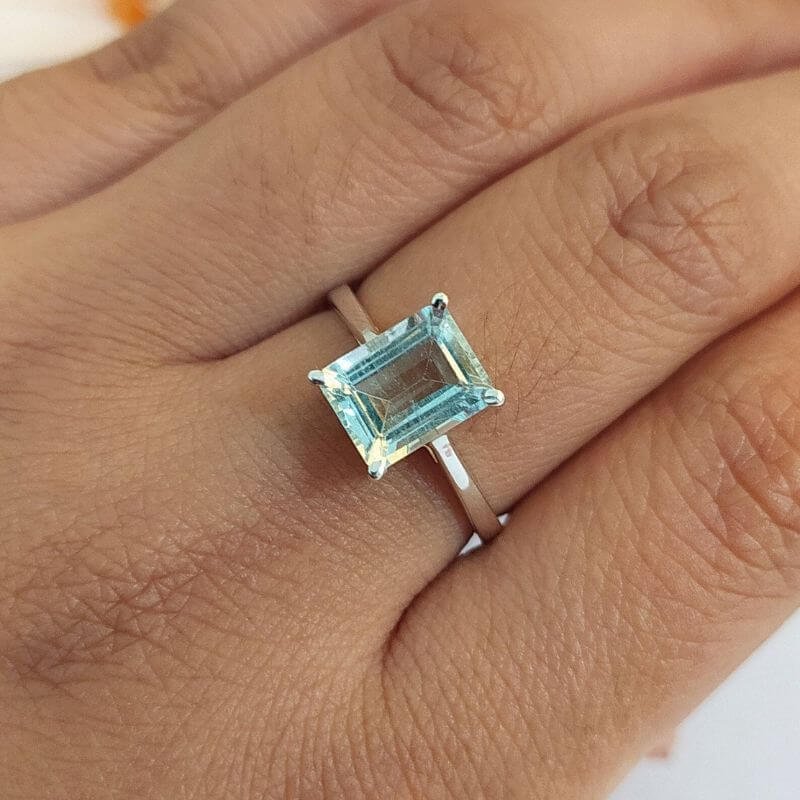 Natural Aquamarine Gemstone Silver Ring, Solitaire Ring