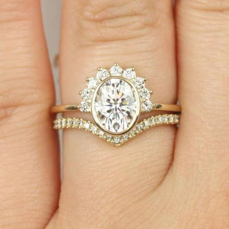 Half Halo Oval Moissanite Diamond Engagement Ring Set