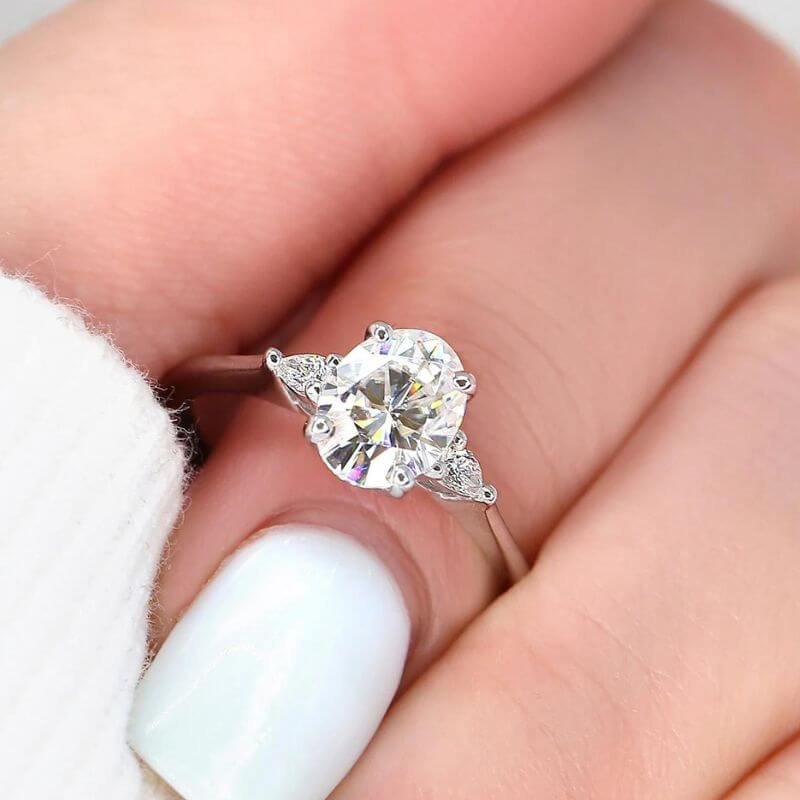 Oval Pear Moissanite Engagement Ring, Three Diamonds Ring