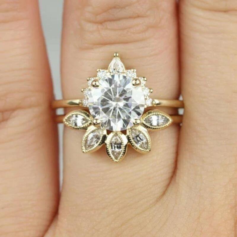 14kt rose gold diamond leaf wedding ring engagement ring wedding band  forever One moissanite