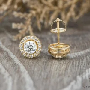 round cut moissanite halo earrings
