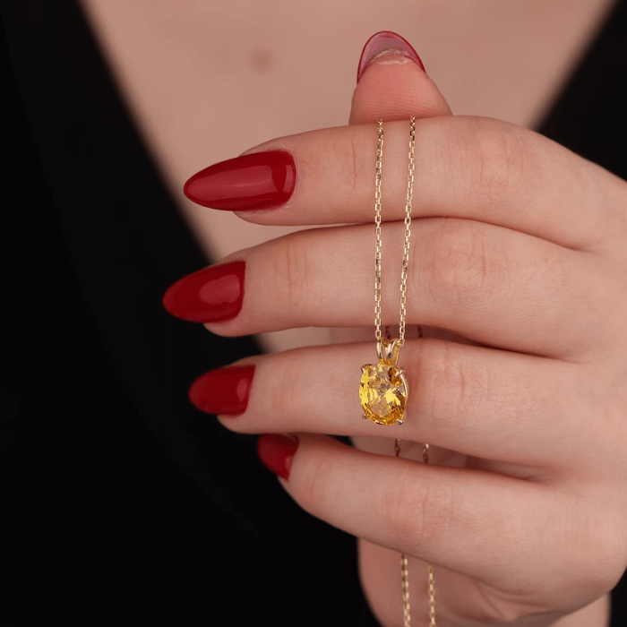 Round Cut Citrine and Diamond Halo Pendant Necklace, 14K Yellow Gold