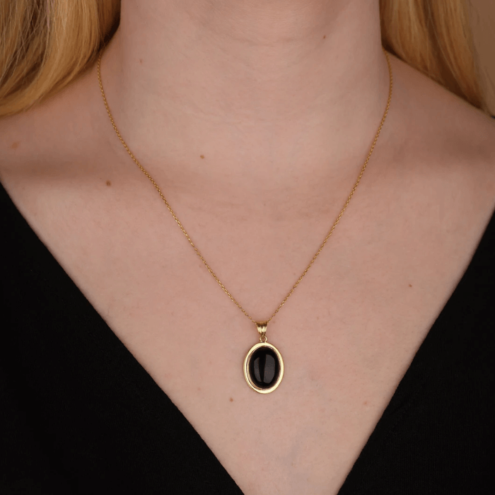 Gold necklace with Black Onyx stone half moon shape pendant