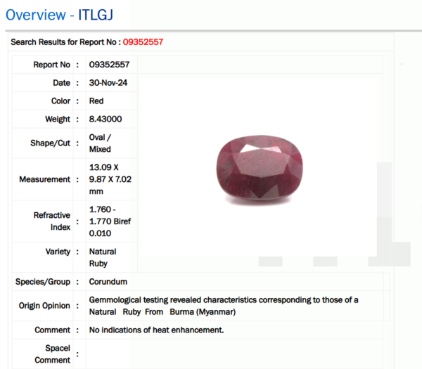 8.43 Carat/ 9.18 Ratti Burma Ruby Gemstone