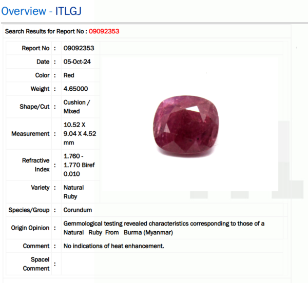 4.65 Carat/ 5.06 Ratti Burma Ruby Gemstone