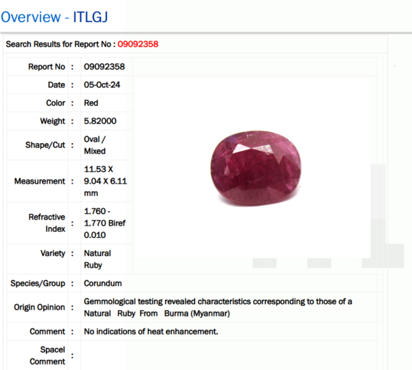 5.82 Carat/ 6.34 Ratti Burma Ruby Gemstone