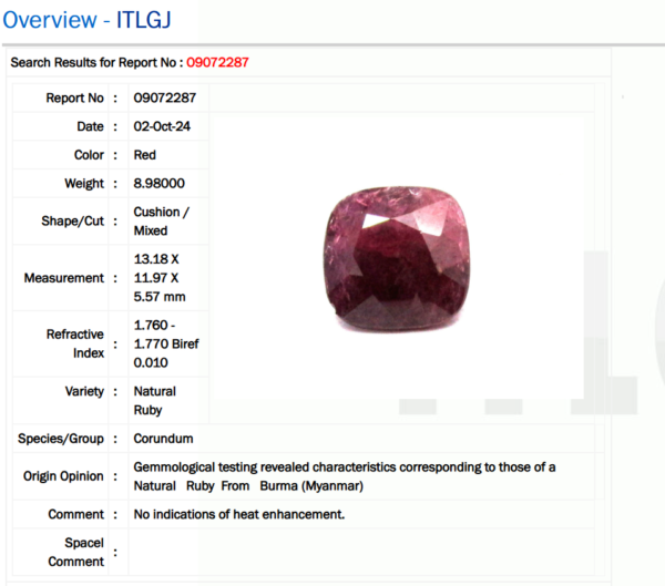 8.98 Carat/ 9.78 Ratti Burma Ruby Gemstone