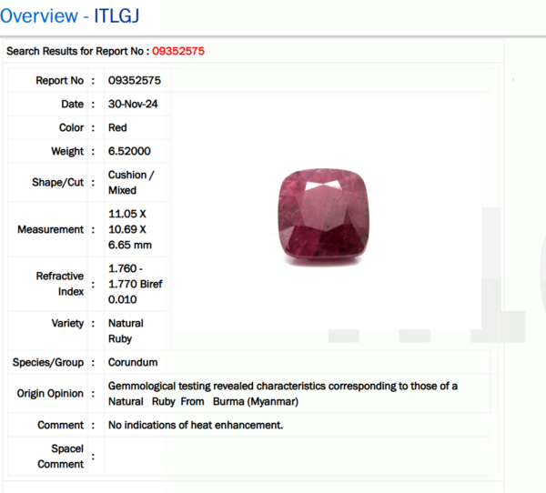 6.52 Carat/ 7.10 Ratti Burma Ruby Gemstone