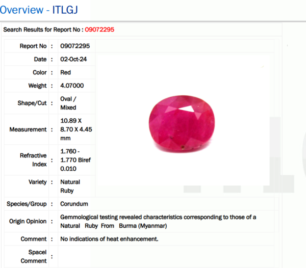 4.07 Carat/ 4.43 Ratti Burma Ruby Gemstone