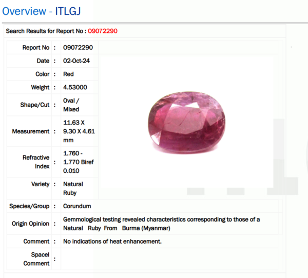 4.53 Carat/ 4.93 Ratti Burma Ruby Gemstone