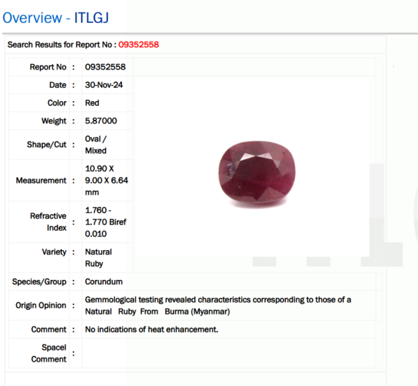 5.87 Carat/ 6.39 Ratti Burma Ruby Gemstone