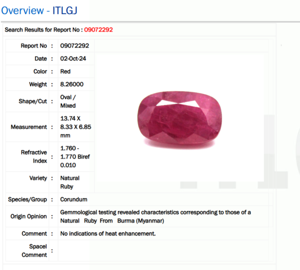 8.26 Carat/ 9.00 Ratti Burma Ruby Gemstone