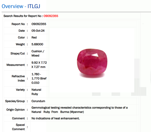 5.68 Carat/ 6.19 Ratti Burma Ruby Gemstone