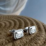 Emerald Cut CVD Diamond Halo Stud Earrings