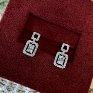 Emerald Cut CVD Diamond Halo Double Layered Stud Earrings