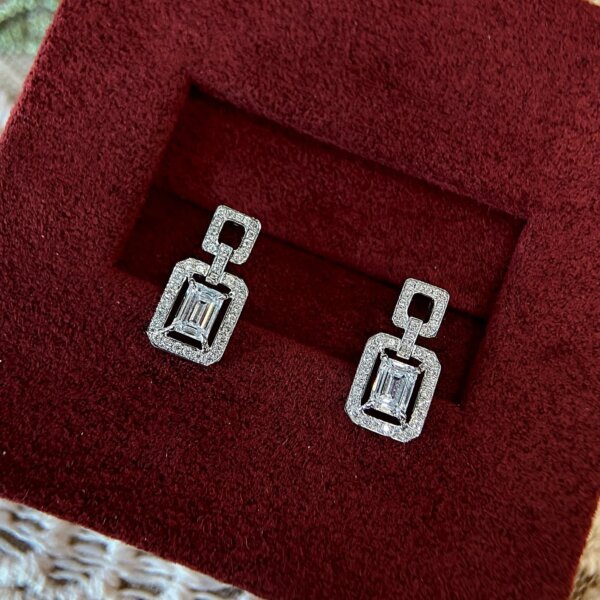 Emerald Cut CVD Diamond Halo Double Layered Stud Earrings