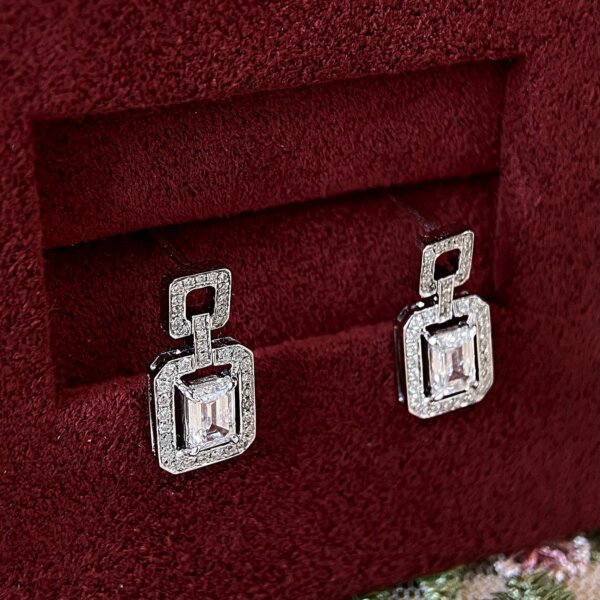 Emerald Cut CVD Diamond Halo Double Layered Stud Earrings