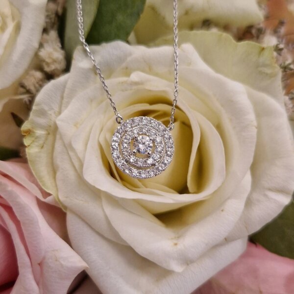 Round Double Halo CVD Diamond Necklace in Gold