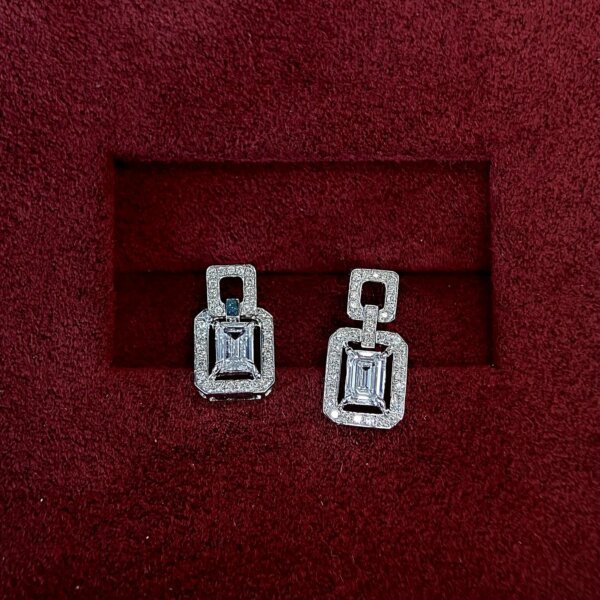 Emerald Cut CVD Diamond Halo Double Layered Stud Earrings