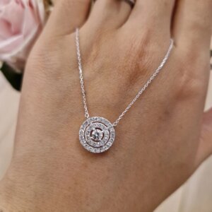 Round Double Halo CVD Diamond Necklace in Gold