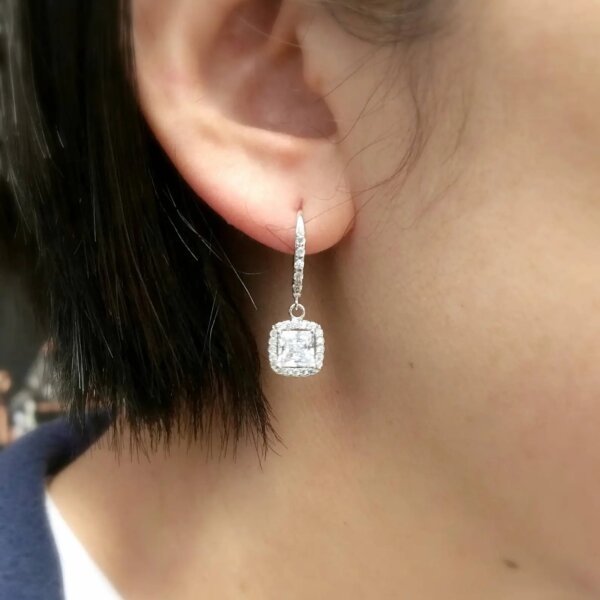 Princess Cut CVD Diamond Halo Dangle Earrings