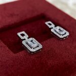 Emerald Cut CVD Diamond Halo Double Layered Stud Earrings