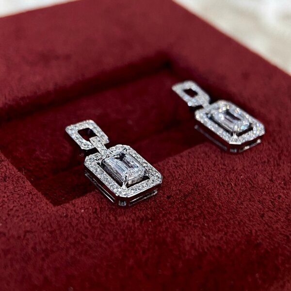 Emerald Cut CVD Diamond Halo Double Layered Stud Earrings