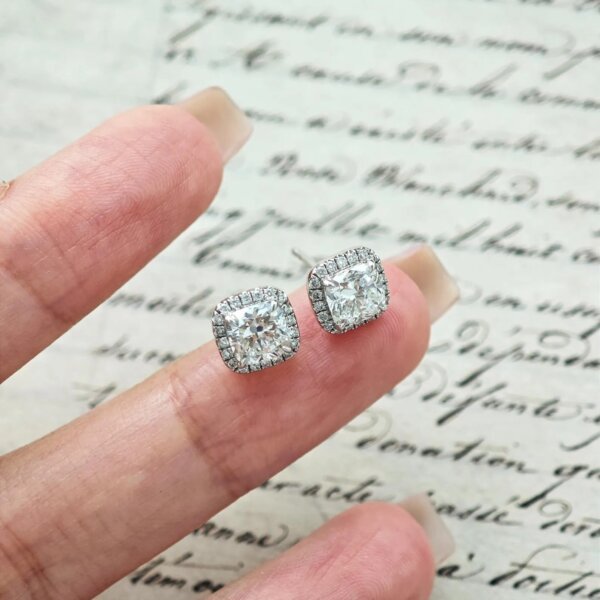 Cushion Cut CVD Diamond Halo Stud Earrings