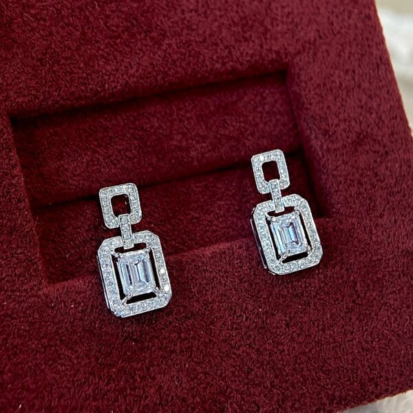 Emerald Cut CVD Diamond Halo Double Layered Stud Earrings