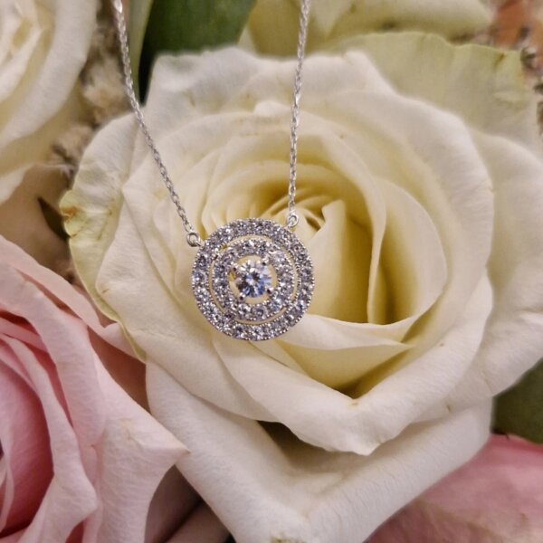 Round Double Halo CVD Diamond Necklace in Gold