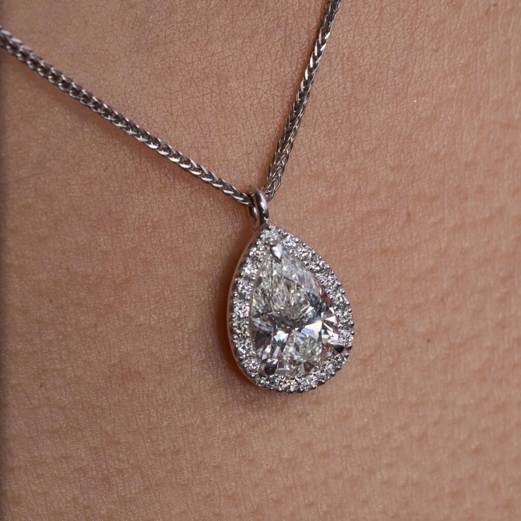 Pear Lab Grown Diamond Halo Pendant in Gold