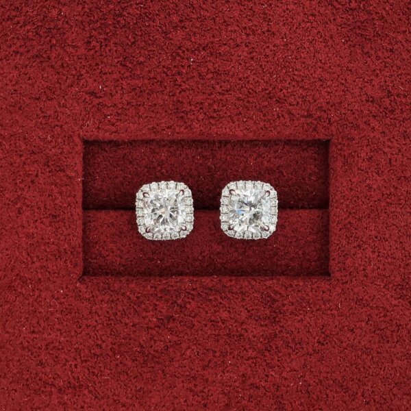 Cushion Cut CVD Diamond Halo Stud Earrings