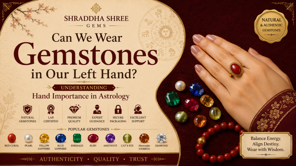 Can We Wear Gemstones in Our Left Hand? Astrology guide showing a hand wearing a natural red coral gemstone ring with popular gemstones by Shraddha Shree Gems.