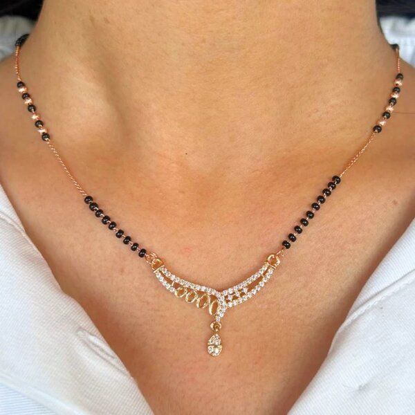 Gold and CVD Diamond Mangalsutra with Layered Pendant and Black Beads