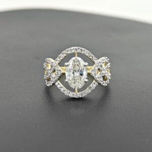 Oval-Cut CVD Diamond Ring in Gold with Geometric Halo and Side Accents
