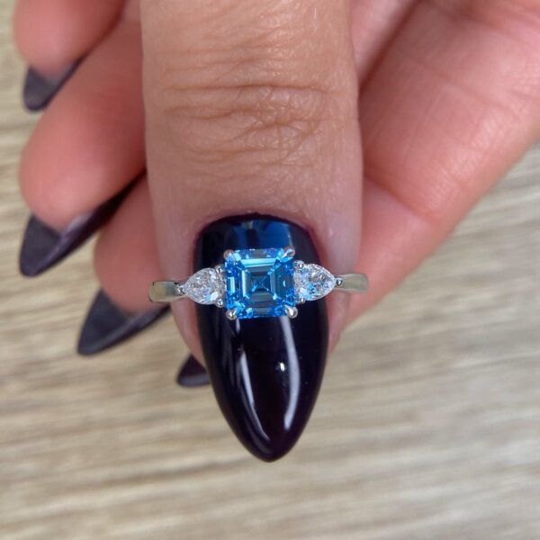 Deep Blue Asscher Cut CVD Diamond Ring, Three Stone Ring