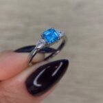Deep Blue Asscher Cut CVD Diamond Ring, Three Stone Ring
