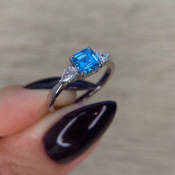Deep Blue Asscher Cut CVD Diamond Ring, Three Stone Ring
